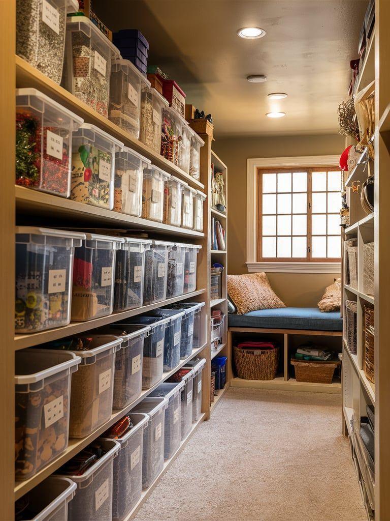 A well-organized closet with labeled plastic storage bins on shelves, demonstrating ideal conditions for storing sensitive materials.