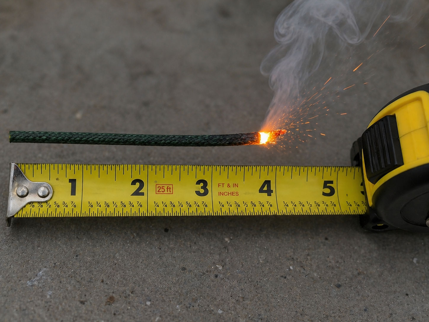 A piece of burning Visco fuse being timed against a yellow measuring tape to calculate burn rate.