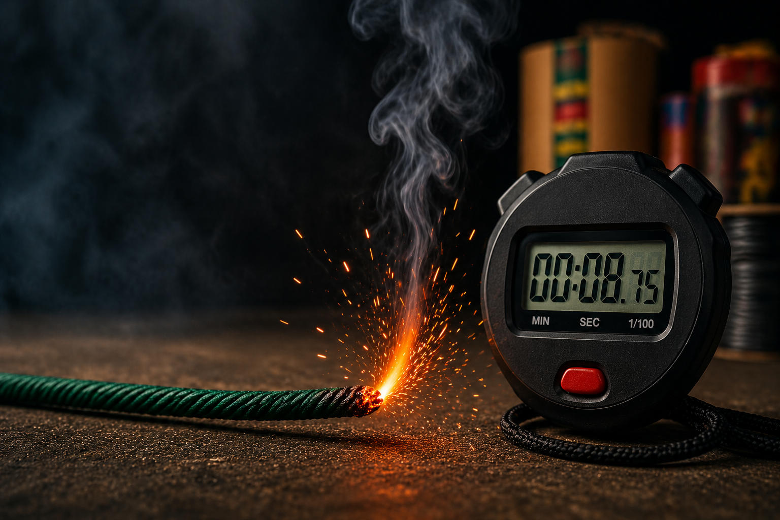 A close-up of a burning Visco fuse next to a digital stopwatch, representing precise timing for fireworks.
