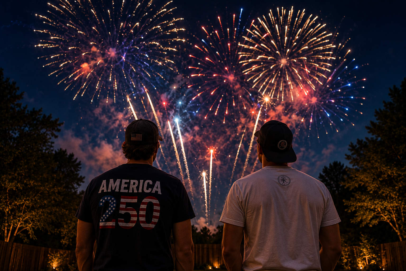 america-250-firework-show Two people wearing patriotic apparel watching a massive red, white, and blue firework show display for an America 250 backyard celebration.