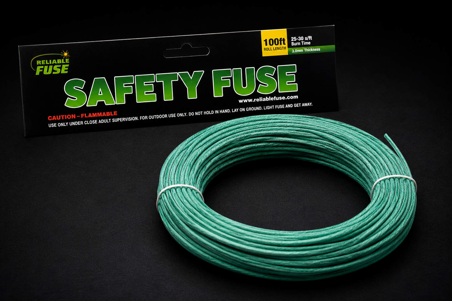 A 100-foot coil of thick green 3.0mm Visco safety fuse next to its black and yellow retail packaging label.