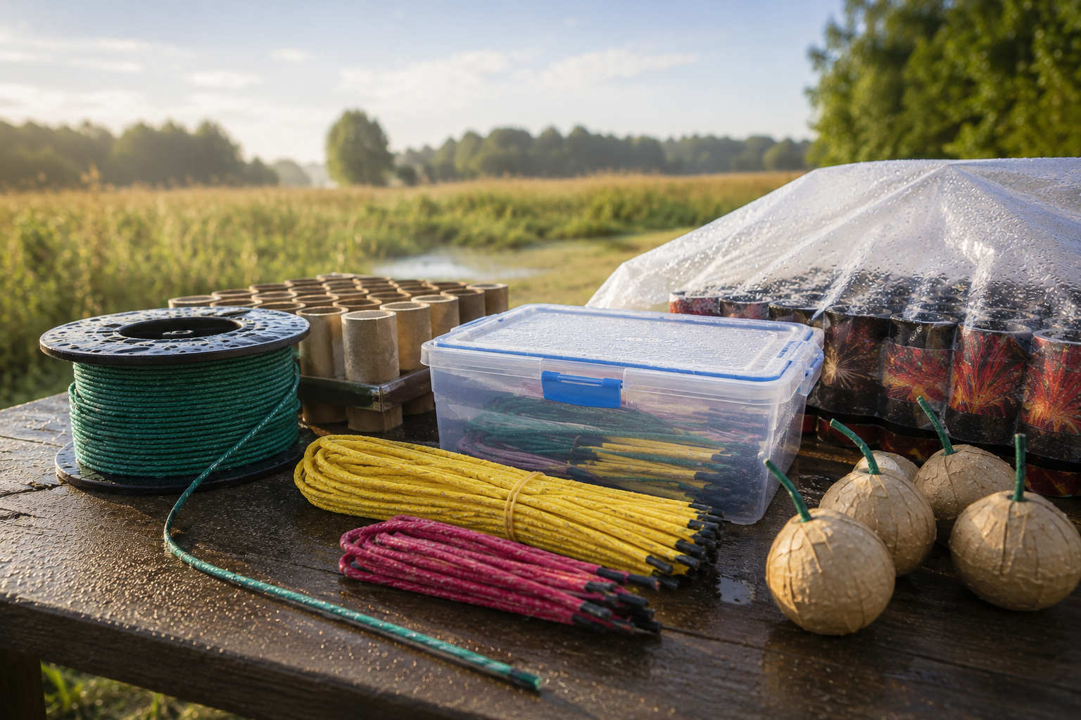 A wooden outdoor table holding fireworks supplies, including coils of yellow, pink, and green Visco fuse, a clear plastic storage container, and mortar shells protected under plastic sheeting.