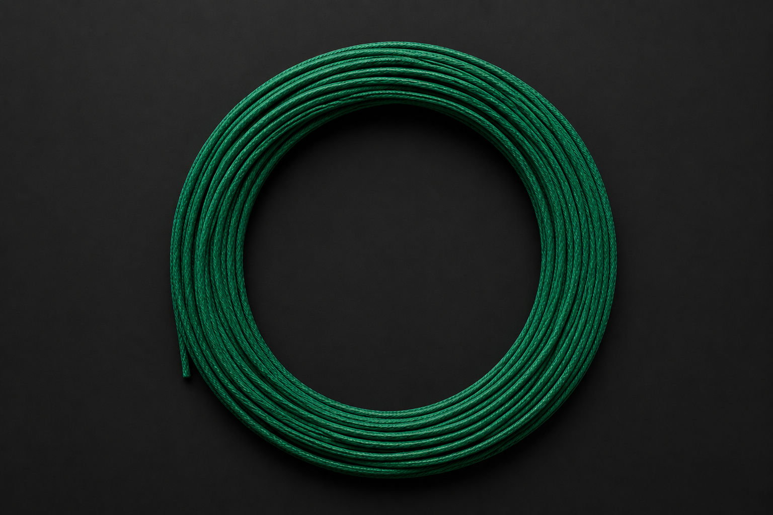 A neatly coiled roll of bright green waterproof Visco fuse isolated against a clean black background.