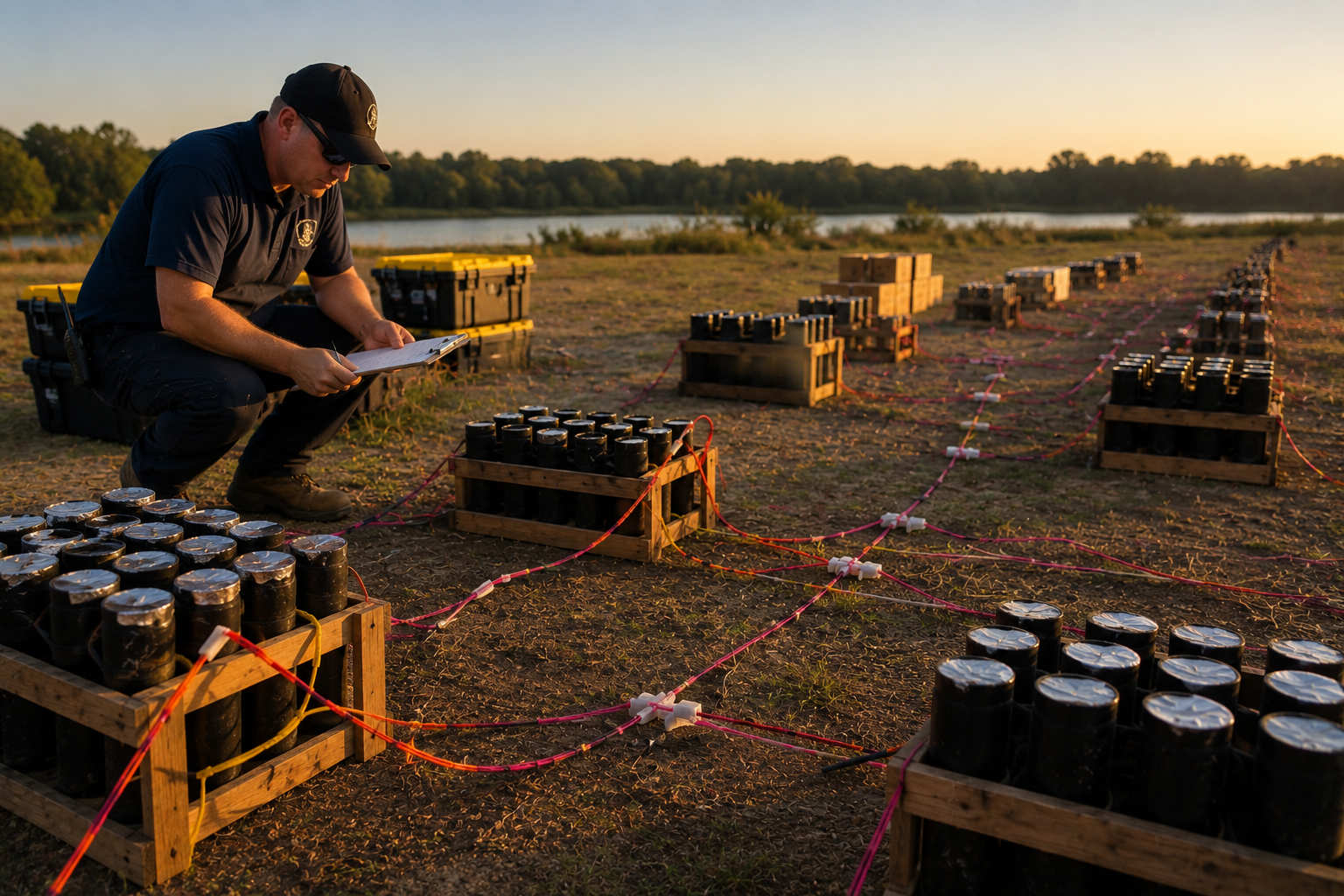 A pyrotechnician in a black cap and uniform crouches in a field to inspect rows of fireworks mortar racks wired with fuse, holding a clipboard for a checklist.