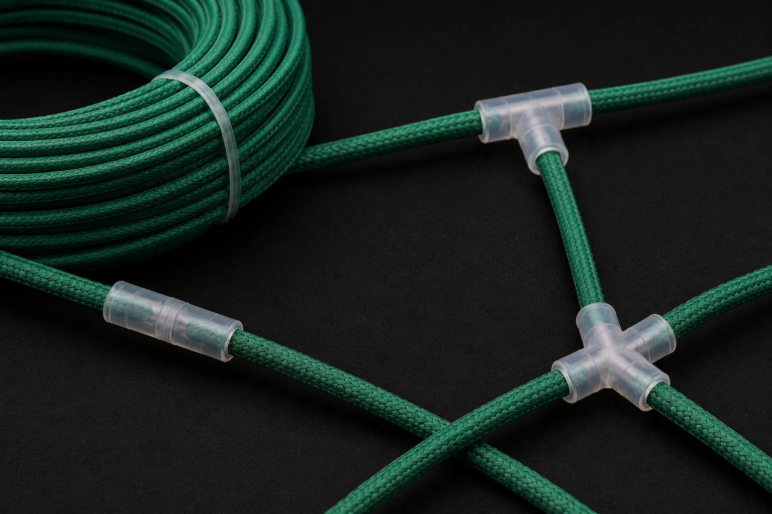 Multiple strands of green Visco safety fuse neatly linked together using clear plastic T-shaped and cross-shaped interlocking connectors.
