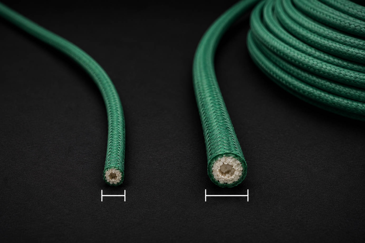A close-up cross-section comparison showing the diameter difference between a thin 2.2mm safety fuse and a thicker 3.0mm Visco fuse with white powder cores.
