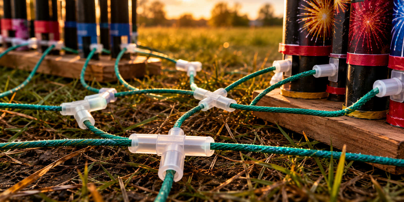 A close-up view of green waterproof Visco fuse linked together using clear plastic T-connectors and cross-connectors on a grassy field.