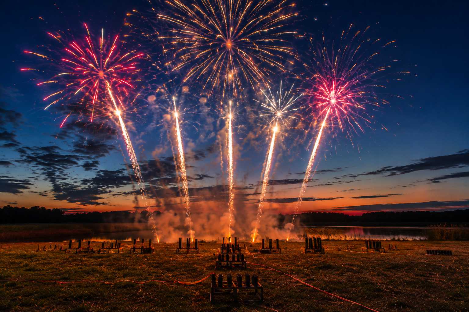 A vibrant fireworks display exploding in the evening sky over a lake, with mortar tubes set up on a grassy field in the foreground.