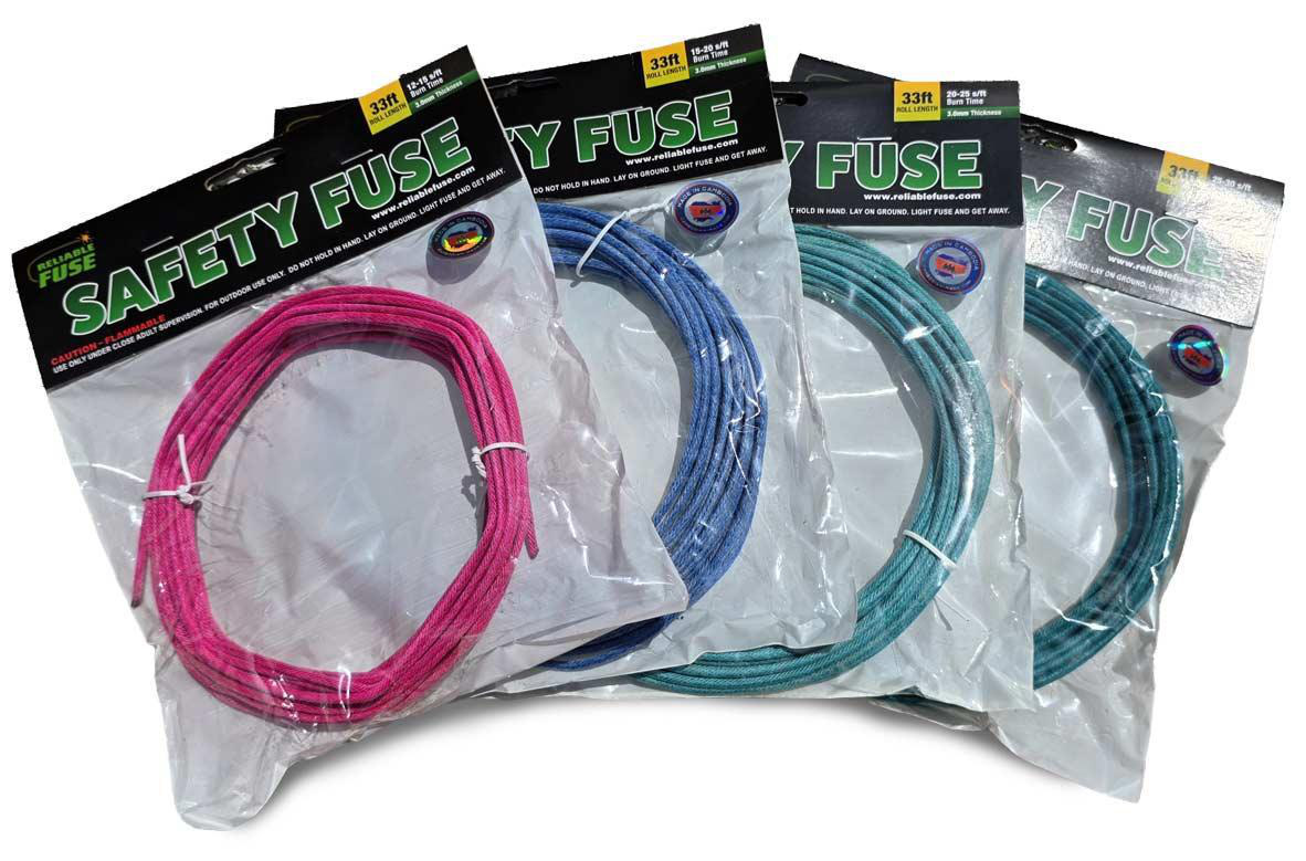 Four packaged rolls of 33-foot Visco safety fuse in pink, light blue, cyan, and teal colors displaying different burn rates.