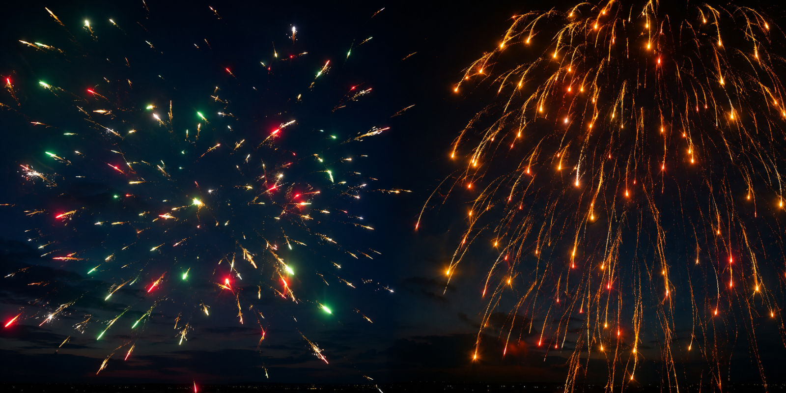 flying-fish-vs-falling-leaves-specialty-fuse Side-by-side comparison of pyrotechnic specialty fuse effects featuring erratic colorful flying fish sparks on the left and a golden falling leaves cascade on the right.