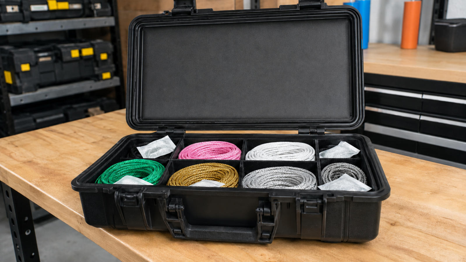 Open heavy-duty black protective storage case with compartments organizing multiple rolls of colorful Visco fuse.