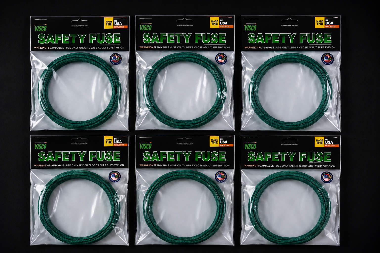 Grid layout showing six individually packaged rolls of green Visco safety fuse made in the USA.