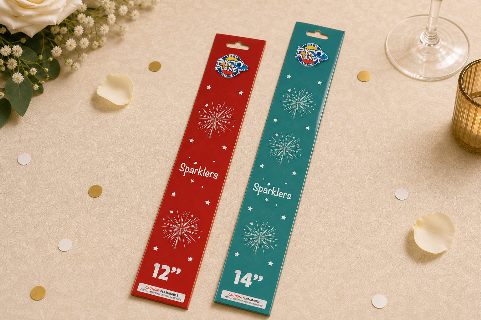 Red package of 12-inch sparklers and teal package of 14-inch Pyro Planet sparklers placed side by side.