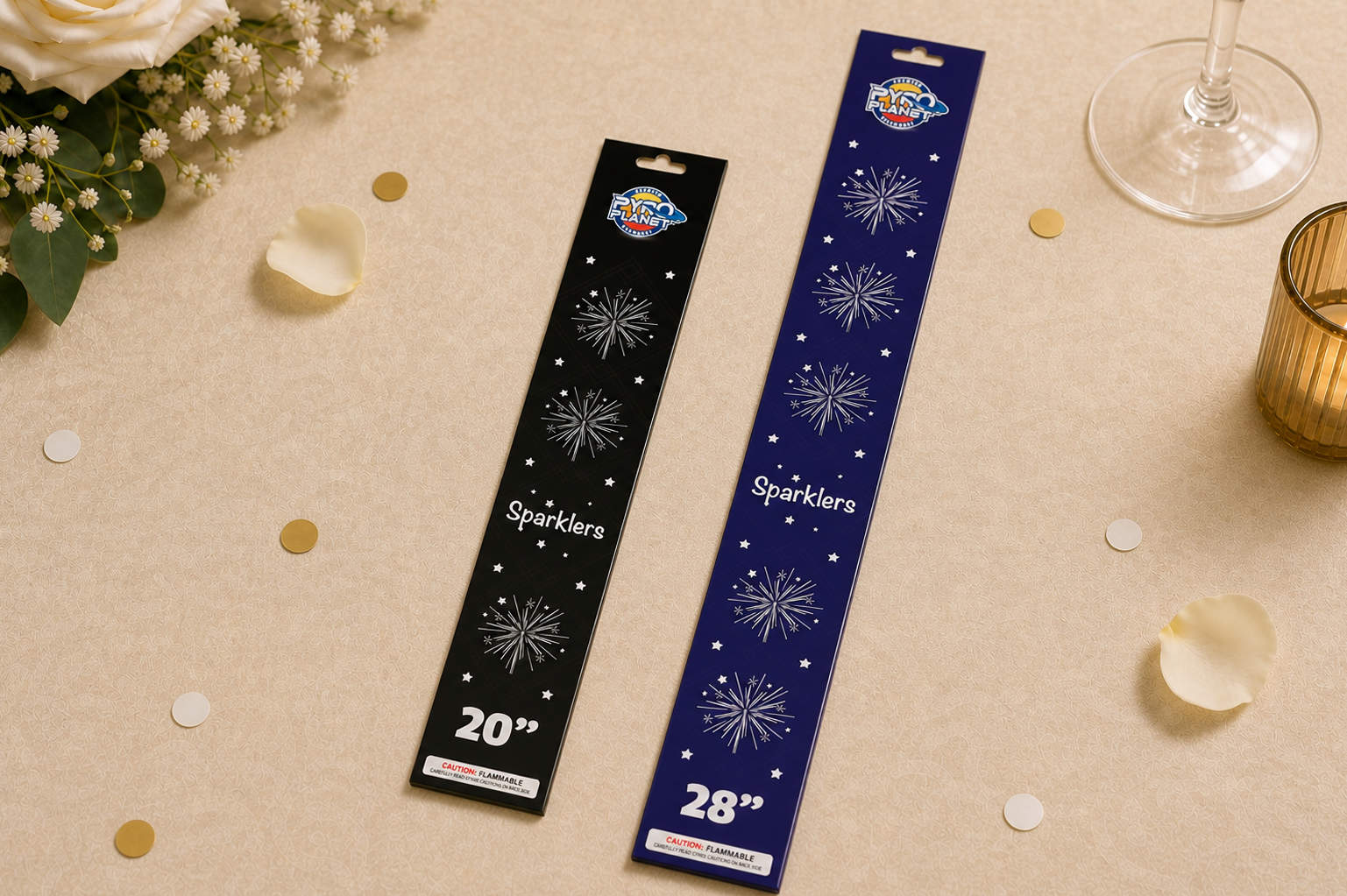 Black package of 20-inch sparklers and blue package of 28-inch long wedding send-off sparklers by Pyro Planet.