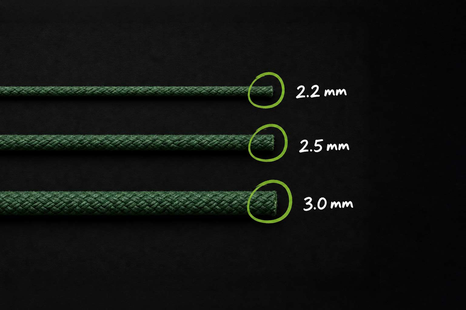 Visual comparison showing green Visco safety fuse in three standard diameters: 2.2 mm, 2.5 mm, and 3.0 mm against a dark background.