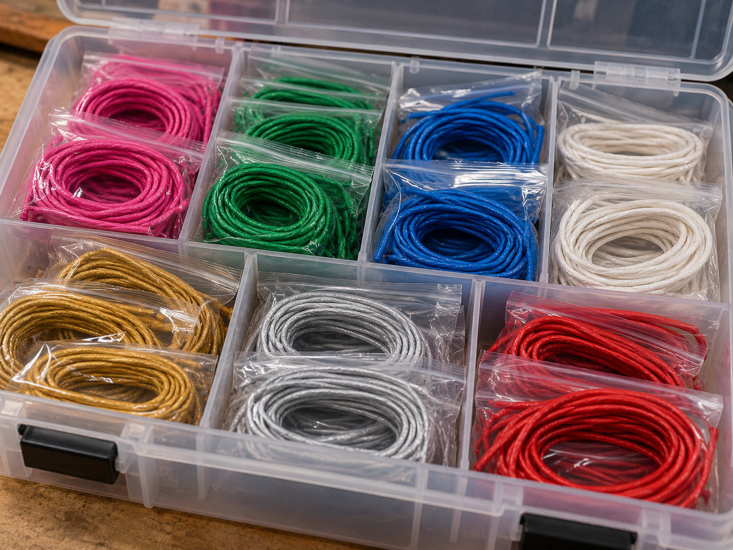 Organized plastic storage box filled with colorful rolls of bulk visco fuse sorted by color and burn rate.