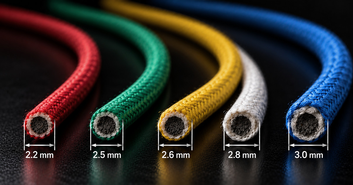 Five colorful fuse wires shown side by side labeled with different diameter measurements from 2.2 millimeter to 3.0 millimeter.