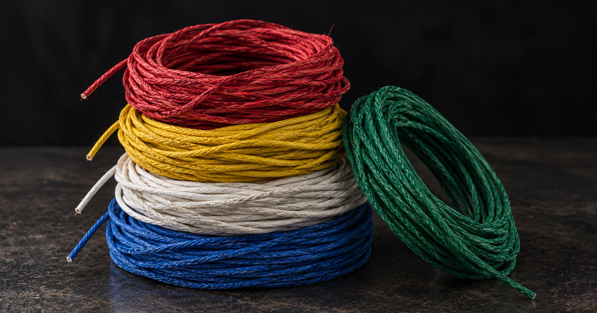 A stack of colorful fuse wire rolls including red, yellow, white, blue, and green rolls.