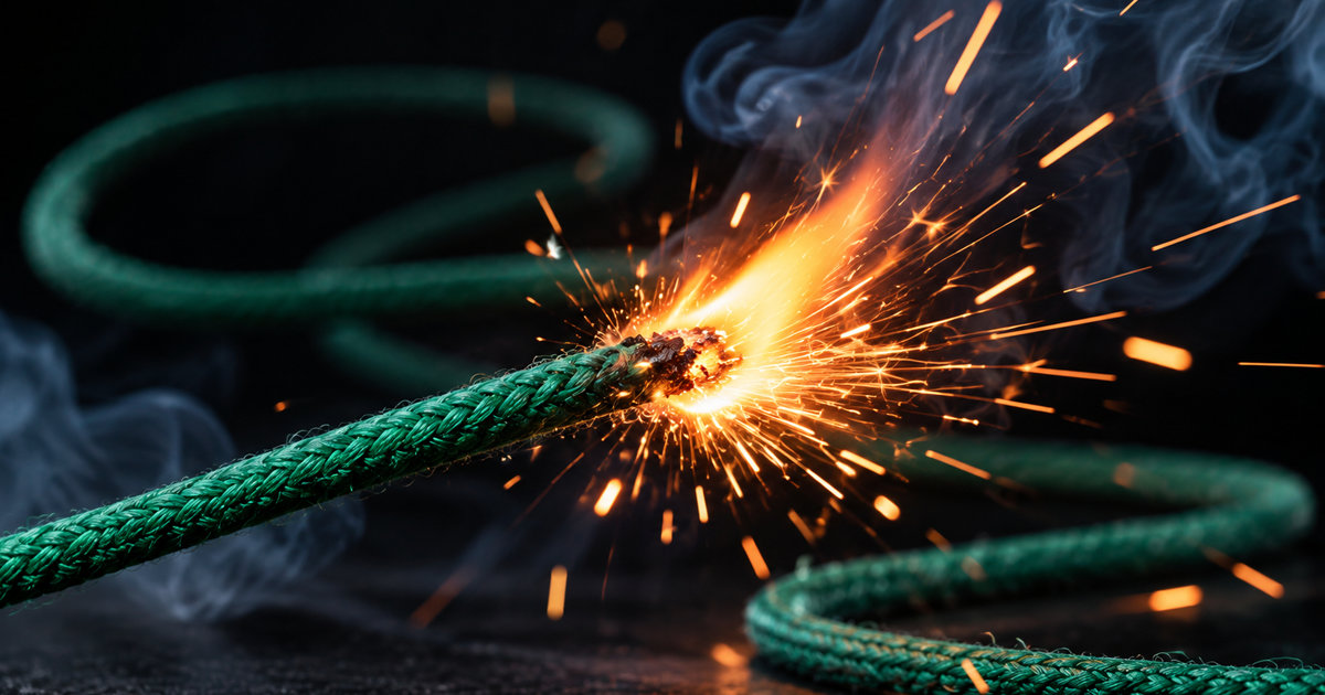 Green Visco fuse wire actively burning with bright sparks and smoke to demonstrate fuse burn rate.