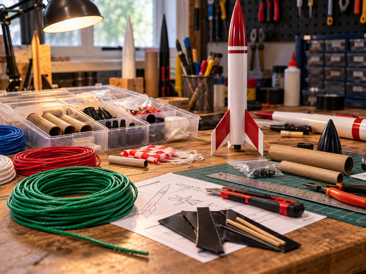 Workshop workbench setup featuring multiple colored rolls of visco fuse alongside model rocket project supplies and blueprints.