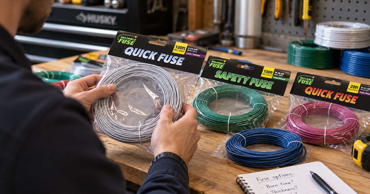 Hands holding a package of Reliable Fuse Quick Fuse next to rolls of safety fuse and a notepad listing fuse specs on a workbench.