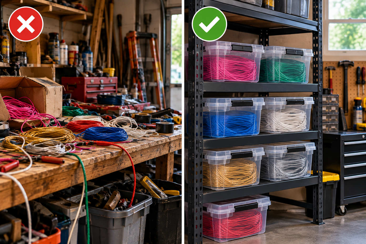 Comparison showing cluttered workbench fuse storage marked with a red cross versus organized, labeled plastic containers on metal shelving marked with a green checkmark.