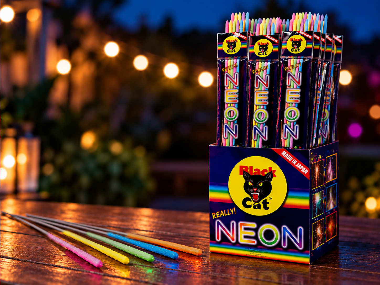 Black Cat Neon Color Flame Waterfall Sparkler display box sitting on a wooden table outdoors with unlit colorful sparklers laid in front.
