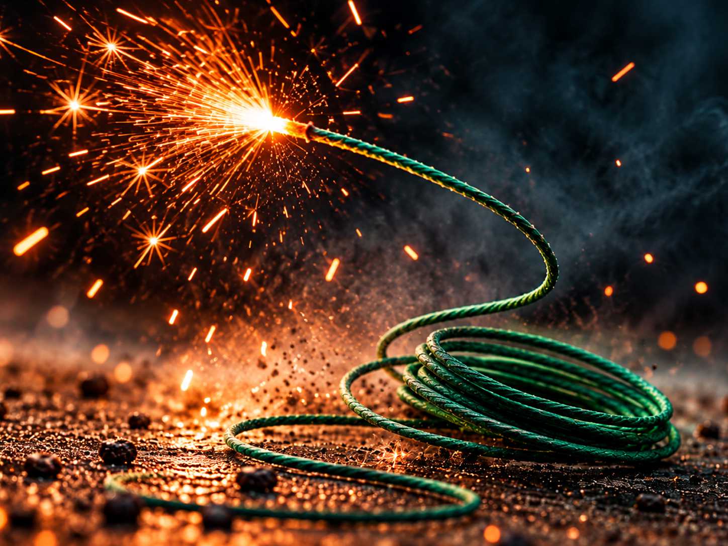 green-visco-fuse-burning-sparks A lit green Visco fuse burning with bright sparks on a dark surface.