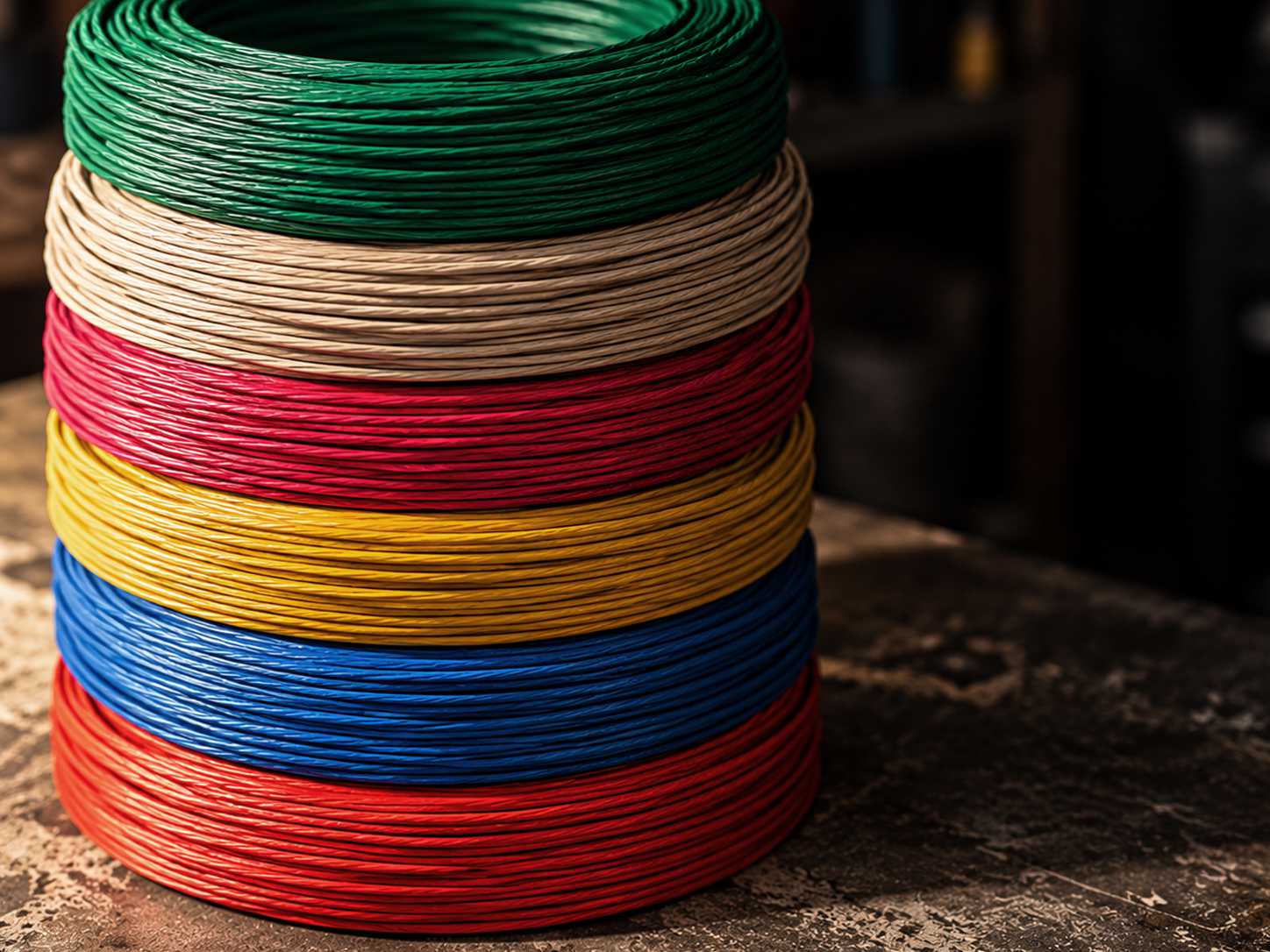 A stacked pile of Visco fuse rolls in green, tan, pink, yellow, blue, and red colors.