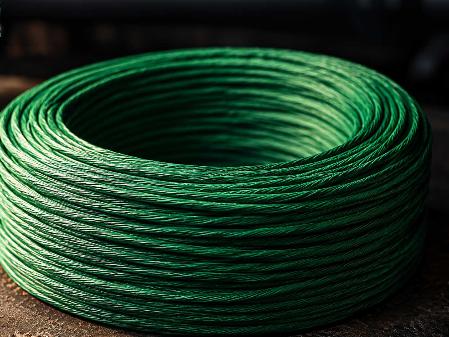 A close-up view of a tightly wound coil of green Visco fireworks safety fuse.