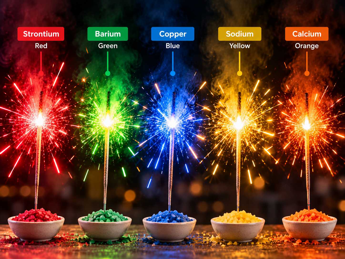 Diagram showing chemical elements Strontium, Barium, Copper, Sodium, and Calcium with corresponding red, green, blue, yellow, and orange burning sparklers.