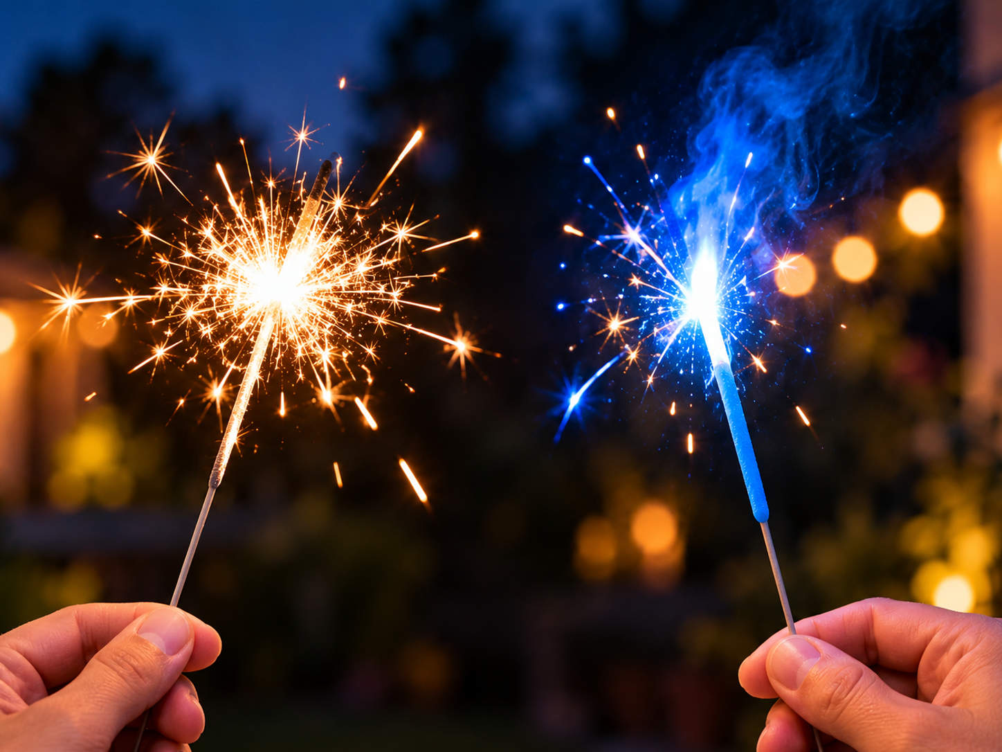 Side-by-side comparison of a traditional golden sparkler with showers of sparks and a blue flame sparkler burning at night.