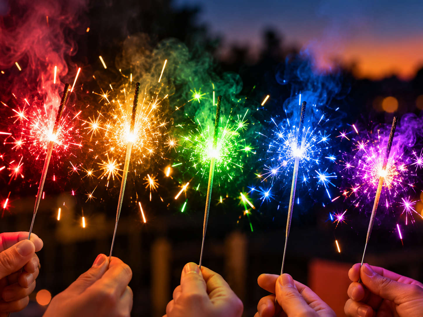 Hands holding a lineup of lit colored sparklers emitting vibrant red, orange, green, blue, and purple sparks against a twilight background.